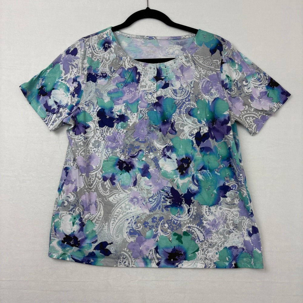 Womens Blue Purple Floral Paisley Beaded Neckline Short Sleeve Blouse Size L